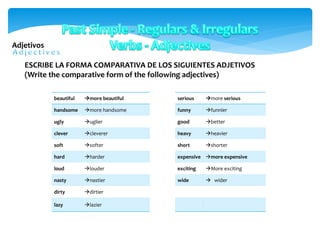 Adjetivos
beautiful more beautiful
handsome more handsome
ugly uglier
clever cleverer
soft softer
hard harder
loud louder
nasty nastier
dirty dirtier
lazy lazier
ESCRIBE LA FORMA COMPARATIVA DE LOS SIGUIENTES ADJETIVOS
(Write the comparative form of the following adjectives)
serious more serious
funny funnier
good better
heavy heavier
short shorter
expensive more expensive
exciting More exciting
wide  wider
 