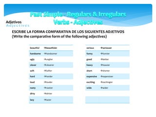 Adjetivos
beautiful beautifuler
handsome handsomer
ugly unglier
clever cleverer
soft Softer
hard harder
loud louder
nasty nastier
dirty dirtier
lazy lazier
ESCRIBE LA FORMA COMPARATIVA DE LOS SIGUIENTES ADJETIVOS
(Write the comparative form of the following adjectives)
serious seriouser
funny funnier
good better
heavy heavier
short shorter
expensive expensiver
exciting excitingier
wide wider
 
