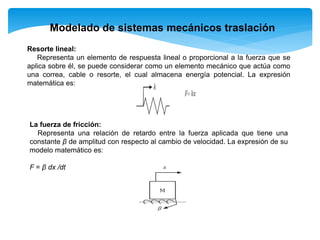 Modelado de sistemas mecánicos traslación
Resorte lineal:
Representa un elemento de respuesta lineal o proporcional a la fuerza que se
aplica sobre él, se puede considerar como un elemento mecánico que actúa como
una correa, cable o resorte, el cual almacena energía potencial. La expresión
matemática es:
La fuerza de fricción:
Representa una relación de retardo entre la fuerza aplicada que tiene una
constante β de amplitud con respecto al cambio de velocidad. La expresión de su
modelo matemático es:
F = β dx /dt
 