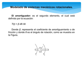 Modelado de sistemas mecánicos rotacionales.
El amortiguador: es el segundo elemento, el cual está
definido por la ecuación:
Τ(t) = β dθ /dt.
Donde β, representa el coeficiente de amortiguamiento o de
fricción y donde θ es el ángulo de rotación, como se muestra en
la Figura.
 
