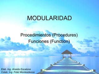 MODULARIDAD Procedimientos (Procedures) Funciones (Function) Elab. Ing. Anaida Escalona Colab. Ing. Fidel Montesdeoca 