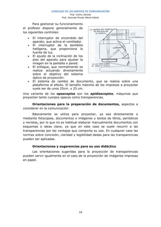 LENGUAJE DE LOS MEDIOS DE COMUNICACIÓN
                                  Prof.: Castro, Daniela
                         Prof.: Alvarado Pinedo, María Fabiola

       Para gestionar su funcionamiento
el profesor dispone generalmente de
los siguientes controles:
   •   El interruptor de encendido del
       aparato, que activa el ventilador.
   •   El interruptor de la bombilla
       halógena, que proporciona la
       fuente de luz.
   •   El ajuste de la inclinación de los
       pies del aparato para ajustar la
       imagen en la pantalla o pared.
   •   El enfoque, que normalmente se
       realiza actuando directamente
       sobre el objetivo del sistema
       óptico de proyección.
   •   El sistema de cambio de documento, que se realiza sobre una
       plataforma al efecto. El tamaño máximo de los impresos a proyectar
       suele ser de unos 25cm. x 25 cm.
Una variante de los opascopios son los epidiascopios, máquinas que
proyectan tanto cuerpos opacos como transparencias.

      Orientaciones para la preparación de documentos, aspectos a
considerar en la comunicación:
       Básicamente se utiliza para proyectar, ya sea directamente o
mediante fotocopias, documentos o imágenes y textos de libros, periódicos
y revistas, por lo que no es habitual elaborar manualmente documentos con
esquemas o ideas clave, ya que en este caso se suele recurrir a las
transparencias por las ventajas que comporta su uso. En cualquier caso las
normas sobre concisión, claridad y legibilidad dadas para las transparencias
pueden ser aplicadas.

       Orientaciones y sugerencias para su uso didáctico
      Las orientaciones sugeridas para la proyección de transparencias
pueden servir igualmente en el caso de la proyección de imágenes impresas
en papel.




                                          14
 