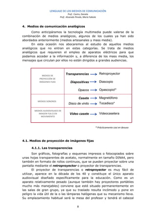 LENGUAJE DE LOS MEDIOS DE COMUNICACIÓN
                                      Prof.: Castro, Daniela
                             Prof.: Alvarado Pinedo, María Fabiola



4. Medios de comunicación analógicos
      Como anticipáramos la tecnología multimedia puede valerse de la
combinación de medios analógicos, algunos de los cuales ya han sido
abordados anteriormente (medios artesanales y mass media).
      En esta ocasión nos abocaremos al estudio de aquellos medios
analógicos que no entran en estas categorías. Se trata de medios
analógicos que requieren el empleo de aparatos eléctricos para que
podamos acceder a la información y, a diferencia de los mass media, los
mensajes que circulan por ellos no están dirigidos a grandes audiencias.



                                  Transparencias                     Retroproyector
              MEDIOS DE
            PROYECCIÓN DE
            IMÁGENES FIJAS             Diapositivas                  Diascopio

                                               Opacos                Opascopio!*

                                                Casete               Magnetófono
          MEDIOS SONOROS
                                     Disco de vinilo                 Tocadisco*

        MEDIOS AUDIOVISUAES DE
           IMAGEN FIJA O EN           Video casete                   Videocasetera
             MOVIMIENTO



                                                                 * Prácticamente casi en desuso




4.1. Medios de proyección de imágenes fijas

      4.1.1. Las transparencias
       Son gráficos, fotografías y esquemas impresos o fotocopiados sobre
unas hojas transparentes de acetato, normalmente en tamaño DINA4, pero
también en formato de rollos continuos, que se pueden proyectar sobre una
pantalla mediante el retroproyector o proyector de transparencias.
       El proyector de transparencias o retroproyector es muy fácil de
utilizar, aparece en la década de los 40 y constituye el único aparato
audiovisual diseñado específicamente para la educación. Como es un
aparato relativamente pesado (aunque también hay proyectores portátiles
mucho más manejables) conviene que esté situado permanentemente en
las salas de gran grupo, ya que su traslado resulta incómodo y pone en
peligro la vida útil de la o las lámparas halógenas que su mecanismo lleva.
Su emplazamiento habitual será la mesa del profesor y tendrá el cabezal

                                              8
 