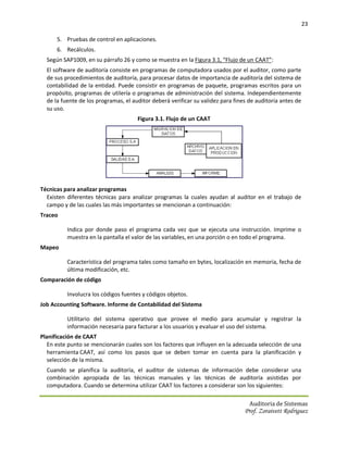 23

      5. Pruebas de control en aplicaciones.
      6. Recálculos.
  Según SAP1009, en su párrafo 26 y como se muestra en la Figura 3.1, “Flujo de un CAAT”:
  El software de auditoría consiste en programas de computadora usados por el auditor, como parte
  de sus procedimientos de auditoría, para procesar datos de importancia de auditoría del sistema de
  contabilidad de la entidad. Puede consistir en programas de paquete, programas escritos para un
  propósito, programas de utilería o programas de administración del sistema. Independientemente
  de la fuente de los programas, el auditor deberá verificar su validez para fines de auditoría antes de
  su uso.
                                      Figura 3.1. Flujo de un CAAT




Técnicas para analizar programas
  Existen diferentes técnicas para analizar programas la cuales ayudan al auditor en el trabajo de
  campo y de las cuales las más importantes se mencionan a continuación:
Traceo

          Indica por donde paso el programa cada vez que se ejecuta una instrucción. Imprime o
          muestra en la pantalla el valor de las variables, en una porción o en todo el programa.
Mapeo

          Característica del programa tales como tamaño en bytes, localización en memoria, fecha de
          última modificación, etc.
Comparación de código

          Involucra los códigos fuentes y códigos objetos.
Job Accounting Software. Informe de Contabilidad del Sistema

          Utilitario del sistema operativo que provee el medio para acumular y registrar la
          información necesaria para facturar a los usuarios y evaluar el uso del sistema.
Planificación de CAAT
   En este punto se mencionarán cuales son los factores que influyen en la adecuada selección de una
   herramienta CAAT, así como los pasos que se deben tomar en cuenta para la planificación y
   selección de la misma.
  Cuando se planifica la auditoría, el auditor de sistemas de información debe considerar una
  combinación apropiada de las técnicas manuales y las técnicas de auditoría asistidas por
  computadora. Cuando se determina utilizar CAAT los factores a considerar son los siguientes:

                                                                                   Auditoria de Sistemas
                                                                                 Prof. Zoraivett Rodriguez
 