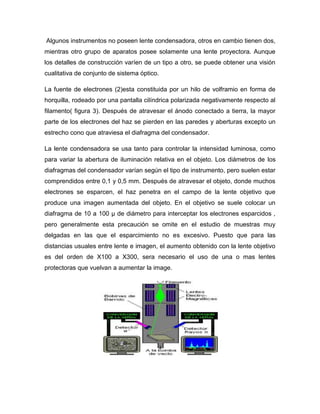 Algunos instrumentos no poseen lente condensadora, otros en cambio tienen dos,
mientras otro grupo de aparatos posee solamente una lente proyectora. Aunque
los detalles de construcción varíen de un tipo a otro, se puede obtener una visión
cualitativa de conjunto de sistema óptico.

La fuente de electrones (2)esta constituida por un hilo de volframio en forma de
horquilla, rodeado por una pantalla cilíndrica polarizada negativamente respecto al
filamento( figura 3). Después de atravesar el ánodo conectado a tierra, la mayor
parte de los electrones del haz se pierden en las paredes y aberturas excepto un
estrecho cono que atraviesa el diafragma del condensador.

La lente condensadora se usa tanto para controlar la intensidad luminosa, como
para variar la abertura de iluminación relativa en el objeto. Los diámetros de los
diafragmas del condensador varían según el tipo de instrumento, pero suelen estar
comprendidos entre 0,1 y 0,5 mm. Después de atravesar el objeto, donde muchos
electrones se esparcen, el haz penetra en el campo de la lente objetivo que
produce una imagen aumentada del objeto. En el objetivo se suele colocar un
diafragma de 10 a 100 µ de diámetro para interceptar los electrones esparcidos ,
pero generalmente esta precaución se omite en el estudio de muestras muy
delgadas en las que el esparcimiento no es excesivo. Puesto que para las
distancias usuales entre lente e imagen, el aumento obtenido con la lente objetivo
es del orden de X100 a X300, sera necesario el uso de una o mas lentes
protectoras que vuelvan a aumentar la image.
 