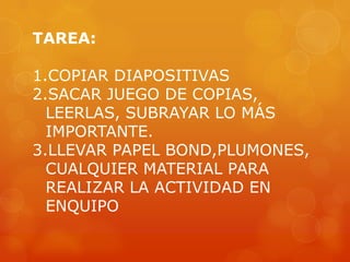 TAREA:

1.COPIAR DIAPOSITIVAS
2.SACAR JUEGO DE COPIAS,
  LEERLAS, SUBRAYAR LO MÁS
  IMPORTANTE.
3.LLEVAR PAPEL BOND,PLUMONES,
  CUALQUIER MATERIAL PARA
  REALIZAR LA ACTIVIDAD EN
  ENQUIPO
 