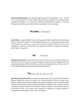 Elementos Representativos.- Los elementos representativos son los subgrupos A - IA hasta VI
IA. En estos elementos. El nivel de energía más externa está incompleto y los electrones están
ocupando los orbitales S o P, al pasar de un elemento representativo al próximo. Por tanto la
configuración electrónica para estos elementos será desde ns1
, np5
por ejemplo:
11Na (sódio) 1s2, 2s2, 2p6, 3s1.
Gases Nobles.- Los gases nobles forman el último grupo en la tabla. Cada elemento de este grupo
tienen el conjunto de orbitales S y P completamente llenos, así la configuración electrónica para
los electrones más externos en cada caso es PS (con excepción del helio). Esta es una
configuración electrónica aparentemente muy estable por ejemplo la configuración electrónica
para el Neon es la siguiente:
10Ne 1s2, 2s2, 2p6.
Elementos de Transición.-Los elementos de transición son las series en las cuales un conjunto de
orbitales d, esta lleno. En general el nivel de energía más externo tendrá una configuración de ns,
(exceptuando los grupos VIB y IB). Además se presenta la configuración (n-1) d1
hasta (n-1) d10
.
Por ejemplolaconfiguraciònelectronica para elNiquel es lasiguiente
28
Ni ls2,2s2, 2p6, 3s2, 3p6, 4s2, 3d8.
Elementos de transición Interna.-Las seriesde transición interna son las 2 series de los elementos
desde el 58(Cesio Ce), hasta el 71 (Lutecio Lu), y desde 90 hasta el 103 en los cuales se esta
llenando un conjunto de orbitales f. Algunas veces estas son llamadas series de transición largas.
En general estos elementos tienen 3 niveles de energía incompletos ya que un electrón entra en
un orbital d antes que el conjunto de los orbitales f empiece a llenarse, en consideración esta serie
de transición interna se les conoce como Lantánidos y Actínidos, por ejemplo tenemos la
configuración electrónica para el Uranio que es la siguiente:
 