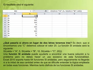 El resultado será el siguiente:
¿Qué pasaría si ahora en lugar de dos letras tenemos tres? Es decir, que si
encontramos una “C” debemos colocar el valor 20. La función SI anidada será la
siguiente:
SI(celda = "A", 5, SI(celda = "B", 10, SI(celda = "C", 20)))
Una función SI anidada puede ayudarte a encontrar una buena solución a tu
problema pero no debes hacer un uso excesivo de esta funcionalidad.
Excel 2010 soporta hasta 64 funciones SI anidadas, pero seguramente no llegarás
ni a la mitad de esa cantidad antes de que se dificulte entender la lógica empleada
en todas esas funciones. Mientras tanto disfruta de tus funciones SI anidadas.
 