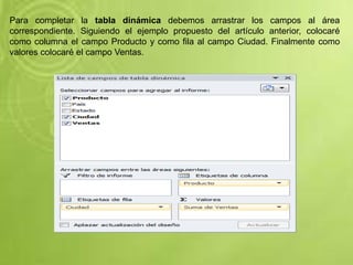 Para completar la tabla dinámica debemos arrastrar los campos al área
correspondiente. Siguiendo el ejemplo propuesto del artículo anterior, colocaré
como columna el campo Producto y como fila al campo Ciudad. Finalmente como
valores colocaré el campo Ventas.
 