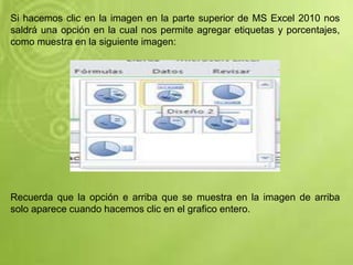 Si hacemos clic en la imagen en la parte superior de MS Excel 2010 nos
saldrá una opción en la cual nos permite agregar etiquetas y porcentajes,
como muestra en la siguiente imagen:
Recuerda que la opción e arriba que se muestra en la imagen de arriba
solo aparece cuando hacemos clic en el grafico entero.
 