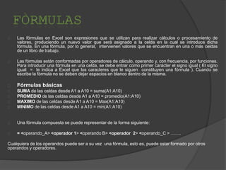Las fórmulas en Excel son expresiones que se utilizan para realizar cálculos o procesamiento de
valores, produciendo un nuevo valor que será asignado a la celda en la cual se introduce dicha
fórmula. En una fórmula, por lo general, intervienen valores que se encuentran en una o más celdas
de un libro de trabajo.
Las fórmulas están conformadas por operadores de cálculo, operando y, con frecuencia, por funciones.
Para introducir una fórmula en una celda, se debe entrar como primer carácter el signo igual ( El signo
igual = le indica a Excel que los caracteres que le siguen constituyen una fórmula ). Cuando se
escribe la fórmula no se deben dejar espacios en blanco dentro de la misma.
Fórmulas básicas
SUMA de las celdas desde A1 a A10 = suma(A1:A10)
PROMEDIO de las celdas desde A1 a A10 = promedio(A1:A10)
MAXIMO de las celdas desde A1 a A10 = Max(A1:A10)
MINIMO de las celdas desde A1 a A10 = min(A1:A10)
Una fórmula compuesta se puede representar de la forma siguiente:
= <operando_A> <operador 1> <operando B> <operador 2> <operando_C > …….
Cualquiera de los operandos puede ser a su vez una fórmula, esto es, puede estar formado por otros
operandos y operadores.
 