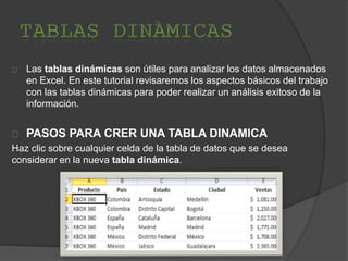 Las tablas dinámicas son útiles para analizar los datos almacenados
en Excel. En este tutorial revisaremos los aspectos básicos del trabajo
con las tablas dinámicas para poder realizar un análisis exitoso de la
información.
PASOS PARA CRER UNA TABLA DINAMICA
Haz clic sobre cualquier celda de la tabla de datos que se desea
considerar en la nueva tabla dinámica.
 
