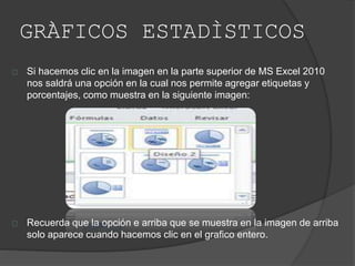 GRÀFICOS ESTADÌSTICOS
Si hacemos clic en la imagen en la parte superior de MS Excel 2010
nos saldrá una opción en la cual nos permite agregar etiquetas y
porcentajes, como muestra en la siguiente imagen:
Recuerda que la opción e arriba que se muestra en la imagen de arriba
solo aparece cuando hacemos clic en el grafico entero.
 