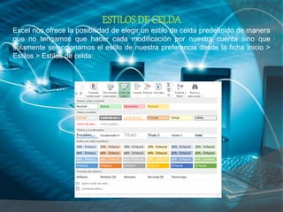 ESTILOS DE CELDA
Excel nos ofrece la posibilidad de elegir un estilo de celda predefinido de manera
que no tengamos que hacer cada modificación por nuestra cuenta sino que
solamente seleccionamos el estilo de nuestra preferencia desde la ficha Inicio >
Estilos > Estilos de celda:
 