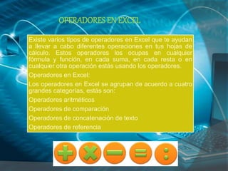 OPERADORES EN EXCEL
Existe varios tipos de operadores en Excel que te ayudan
a llevar a cabo diferentes operaciones en tus hojas de
cálculo. Estos operadores los ocupas en cualquier
fórmula y función, en cada suma, en cada resta o en
cualquier otra operación estás usando los operadores.
Operadores en Excel:
Los operadores en Excel se agrupan de acuerdo a cuatro
grandes categorías, estás son:
Operadores aritméticos
Operadores de comparación
Operadores de concatenación de texto
Operadores de referencia
 
