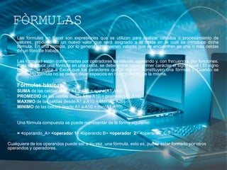 FÒRMULAS
Las fórmulas en Excel son expresiones que se utilizan para realizar cálculos o procesamiento de
valores, produciendo un nuevo valor que será asignado a la celda en la cual se introduce dicha
fórmula. En una fórmula, por lo general, intervienen valores que se encuentran en una o más celdas
de un libro de trabajo.
Las fórmulas están conformadas por operadores de cálculo, operando y, con frecuencia, por funciones.
Para introducir una fórmula en una celda, se debe entrar como primer carácter el signo igual ( El signo
igual = le indica a Excel que los caracteres que le siguen constituyen una fórmula ). Cuando se
escribe la fórmula no se deben dejar espacios en blanco dentro de la misma.
Fórmulas básicas
SUMA de las celdas desde A1 a A10 = suma(A1:A10)
PROMEDIO de las celdas desde A1 a A10 = promedio(A1:A10)
MAXIMO de las celdas desde A1 a A10 = Max(A1:A10)
MINIMO de las celdas desde A1 a A10 = min(A1:A10)
Una fórmula compuesta se puede representar de la forma siguiente:
= <operando_A> <operador 1> <operando B> <operador 2> <operando_C > …….
Cualquiera de los operandos puede ser a su vez una fórmula, esto es, puede estar formado por otros
operandos y operadores.
 
