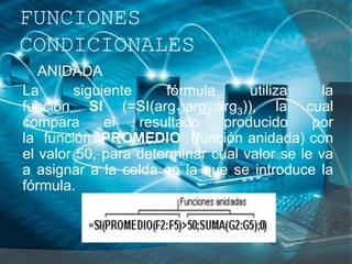 ANIDADA
La siguiente fórmula utiliza la
función SI (=SI(arg1;arg2;arg3)), la cual
compara el resultado producido por
la función PROMEDIO (función anidada) con
el valor 50, para determinar cual valor se le va
a asignar a la celda en la que se introduce la
fórmula.
FUNCIONES
CONDICIONALES
 