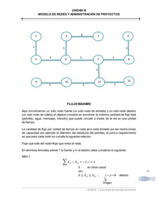 UNIDAD III
MODELO DE REDES Y ADMINISTRACIÓN DE PROYECTOS
ROSA G. | Investigaciónde OperacionesII
10
FLUJO MÁXIMO
Aquí encontramos un solo nodo fuente (un solo nodo de entrada) y un solo nodo destino
(un solo nodo de salida) el objetivo consiste en encontrar la máxima cantidad de flujo total
(petróleo, agua, mensajes, tránsito) que puede circular a través de la red en una unidad
de tiempo.
La cantidad de flujo por unidad de tiempo en cada arco está limitado por las restricciones
de capacidad por ejemplo el diámetro del oleoducto del petróleo, el púnico requerimiento
es que para cada nodo se cumpla la siguiente relación:
Flujo que sale del nodo=flujo que entra al nodo.
En términos formales siendo 1 la fuente y m el destino debe cumplirse lo siguiente:
MAX f
∑ 𝑋𝑖𝑗 − 𝑋𝑖𝑗 = −𝑓; 𝑖 = 𝑛
0 en otros casos
i≠n
0 ≤ 𝑋𝑖𝑗 ≤ 𝑈𝑖𝑗 ; 𝑖 − 𝑗 destino
Origen
1
1211109
5 6 7 8
2 3 46
1
5
4
3
25
1
3 1
2
 
