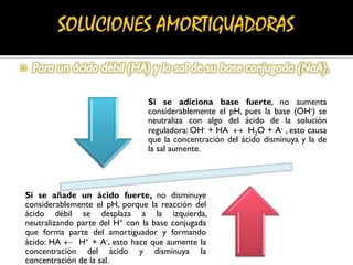 Si se adiciona base fuerte, no aumenta
considerablemente el pH, pues la base (OH-) se
neutraliza con algo del ácido de la solución
reguladora: OH- + HA  H2O + A- , esto causa
que la concentración del ácido disminuya y la de
la sal aumente.
Si se añade un ácido fuerte, no disminuye
considerablemente el pH, porque la reacción del
ácido débil se desplaza a la izquierda,
neutralizando parte del H+ con la base conjugada
que forma parte del amortiguador y formando
ácido: HA  H+ + A-, esto hace que aumente la
concentración del ácido y disminuya la
concentración de la sal.
 