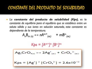  La constante del producto de solubilidad (Kps), es la
constante de equilibrio para el equilibrio que se establece entre un
soluto sólido y sus iones en solución saturada, esta constante es
dependiente de la temperatura.
AnBm (s) ↔ nAm+
(ac) + mBn-
(ac)
Kps = [Am+]n [Bn-]m
Ag2CrO4(s) ↔ 2Ag+
(ac) + CrO4
2-
(ac)
Kps = Ag+ 2 CrO4
2- = 2.6x10-12
Ag2CrO4(s) ↔ 2Ag+
(ac) + CrO4
2-
(ac)
Kps = Ag+ 2 CrO4
2- = 2.6x10-12
 