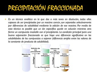  Es un técnica analítica en la que dos o más iones en disolución, todos ellos
capaces de ser precipitados por un reactivo común, son separados selectivamente
por diferencias de solubilidad mediante la adición de ese reactivo. Por medio de
esta técnica es posible que un ión específico quede en solución mientras otro
forme un compuesto insoluble con el precipitante. La condición principal para una
buena separación fraccionada es que haya una diferencia significativa en las
solubilidades de los compuestos a separar (diferencia amplia entre los valores de
la constante de producto de solubilidad).
 