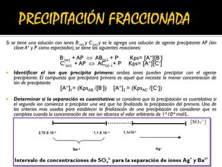 Si se tiene una solución con iones B-
(ac) y C-
(ac) y se le agrega una solución de agente precipitante AP (ión
clave A+ y P- como espectador), se tiene las siguientes reacciones:
B-
(ac) + AP  AB(s) + P- Kps= [A+][B-]
C-
(ac) + AP  AC(s) + P- Kps= [A+][C-]
 Identificar el ion que precipita primero: ambos iones pueden precipitar con el agente
precipitante. El compuesto que precipitará primero es aquel que necesite la menor concentración de
ión de precipitante
[A+]1= (KpsAB /[B-]) [A+]2 = (KpsAC /[C-])
 Determinar si la separación es cuantitativa: se considera que la precipitación es cuantitativa si
el segundo ion comienza a precipitar una vez que ha finalizado la precipitación del primero. Uno de
los criterios mas usados para establecer la finalización de una precipitación es considerar que es
completa cuando la concentración de ese ion alcanza el valor arbitrario de 1*10-6 mol/L.
 