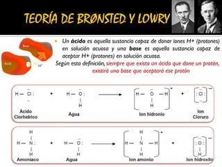  Un ácido es aquella sustancia capaz de donar iones H+ (protones)
en solución acuosa y una base es aquella sustancia capaz de
aceptar H+ (protones) en solución acuosa.
Según esta definición, siempre que exista un ácido que done un protón,
existirá una base que aceptará ese protón
 