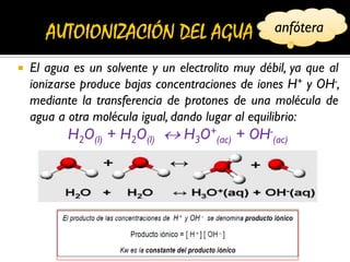  El agua es un solvente y un electrolito muy débil, ya que al
ionizarse produce bajas concentraciones de iones H+ y OH-,
mediante la transferencia de protones de una molécula de
agua a otra molécula igual, dando lugar al equilibrio:
H2O(l) + H2O(l)  H3O+
(ac) + OH-
(ac)
anfótera
 