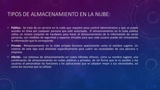 TIPOS DE ALMACENAMIENTO EN LA NUBE:
• Público.- Se trata de un servicio en la nube que requiere poco control administrativo y que se puede
acceder en línea por cualquier persona que esté autorizada, El almacenamiento en la nube pública
utiliza un mismo conjunto de hardware para hacer el almacenamiento de la información de varias
personas, con medidas de seguridad y espacios virtuales para que cada usuario puede ver únicamente
la información que le corresponde.
• Privado.- Almacenamiento en la nube privada funciona exactamente como el nombre sugiere. Un
sistema de este tipo está diseñado específicamente para cubrir las necesidades de una persona o
empresa.
• Híbrido.- Los sistemas de almacenamiento en nubes híbridas ofrecen, como su nombre sugiere, una
combinación de almacenamiento en nubes públicas y privadas, de tal forma que le es posible a los
usuarios el personalizar las funciones y las aplicaciones que se adaptan mejor a sus necesidades, así
como los recursos que se utilizan.
 