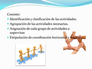 Consiste:
 Identificación y clasificación de las actividades.
 Agrupación de las actividades necesarias.
 Asignación de cada grupo de actividades a
supervisar.
 Estipulación de coordinación horizontal y vertical.
 