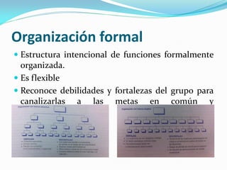 Organización formal
 Estructura intencional de funciones formalmente
organizada.
 Es flexible
 Reconoce debilidades y fortalezas del grupo para
canalizarlas a las metas en común y
organizacionales.
 