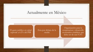 Actualmente en México
El gasto publico en salud
equivale a 6.2% del PIB
Esta por debajo de la
media
Organización para la
cooperacion y desarrollo
economico establece que
debe ser de casi 9.3%
 
