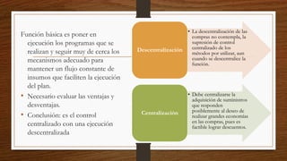 Función básica es poner en
ejecución los programas que se
realizan y seguir muy de cerca los
mecanismos adecuado para
mantener un flujo constante de
insumos que faciliten la ejecución
del plan.
• Necesario evaluar las ventajas y
desventajas.
• Conclusión: es el control
centralizado con una ejecución
descentralizada
• La descentralización de las
compras no contempla, la
supresión de control
centralizado de los
métodos por utilizar, aun
cuando se descentralice la
función.
Descentralización
• Debe centralizarse la
adquisición de suministros
que responden
posiblemente al deseo de
realizar grandes economías
en las compras, pues es
factible lograr descuentos.
Centralización
 