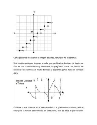 Como podemos observar en la imagen de arriba, la función no es continua.
Una función continua a trozoses aquella que combina los dos tipos de funciones.
Esta es una combinación muy interesante,porque¿Cómo puede una función ser
continua y no continua al mismo tiempo?.El siguiente gráfico haría el concepto
claro.
Como se puede observar en el ejemplo anterior, el gráficono es continuo, pero el
valor para la función está definido en cada punto, esto se debe a que en varios
 