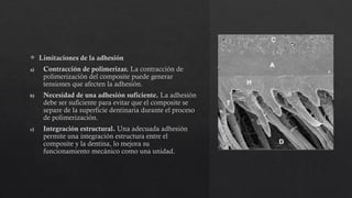  Limitaciones de la adhesión
a) Contracción de polimerizar. La contracción de
polimerización del composite puede generar
tensiones que afecten la adhesión.
b) Necesidad de una adhesión suficiente. La adhesión
debe ser suficiente para evitar que el composite se
separe de la superficie dentinaria durante el proceso
de polimerización.
c) Integración estructural. Una adecuada adhesión
permite una integración estructura entre el
composite y la dentina, lo mejora su
funcionamiento mecánico como una unidad.
 