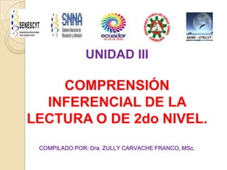UNIDAD III
COMPRENSIÓN
INFERENCIAL DE LA
LECTURA O DE 2do NIVEL.
COMPILADO POR: Dra. ZULLY CARVACHE FRANCO, MSc.
 