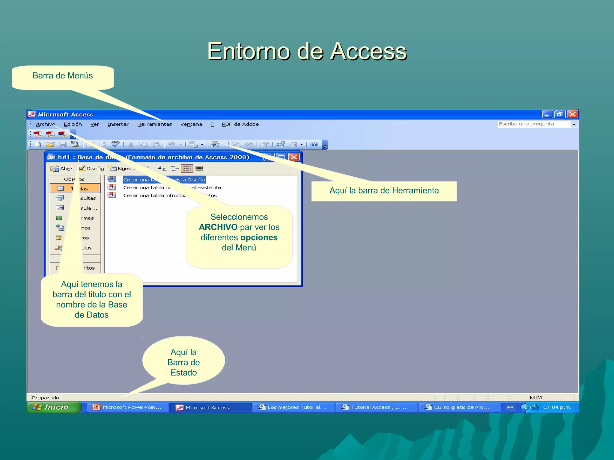 Entorno de Access
Barra de Menús

Aquí la barra de Herramienta
Seleccionemos
ARCHIVO par ver los
diferentes opciones
del Menú

Aquí tenemos la
barra del titulo con el
nombre de la Base
de Datos

Aquí la
Barra de
Estado

 
