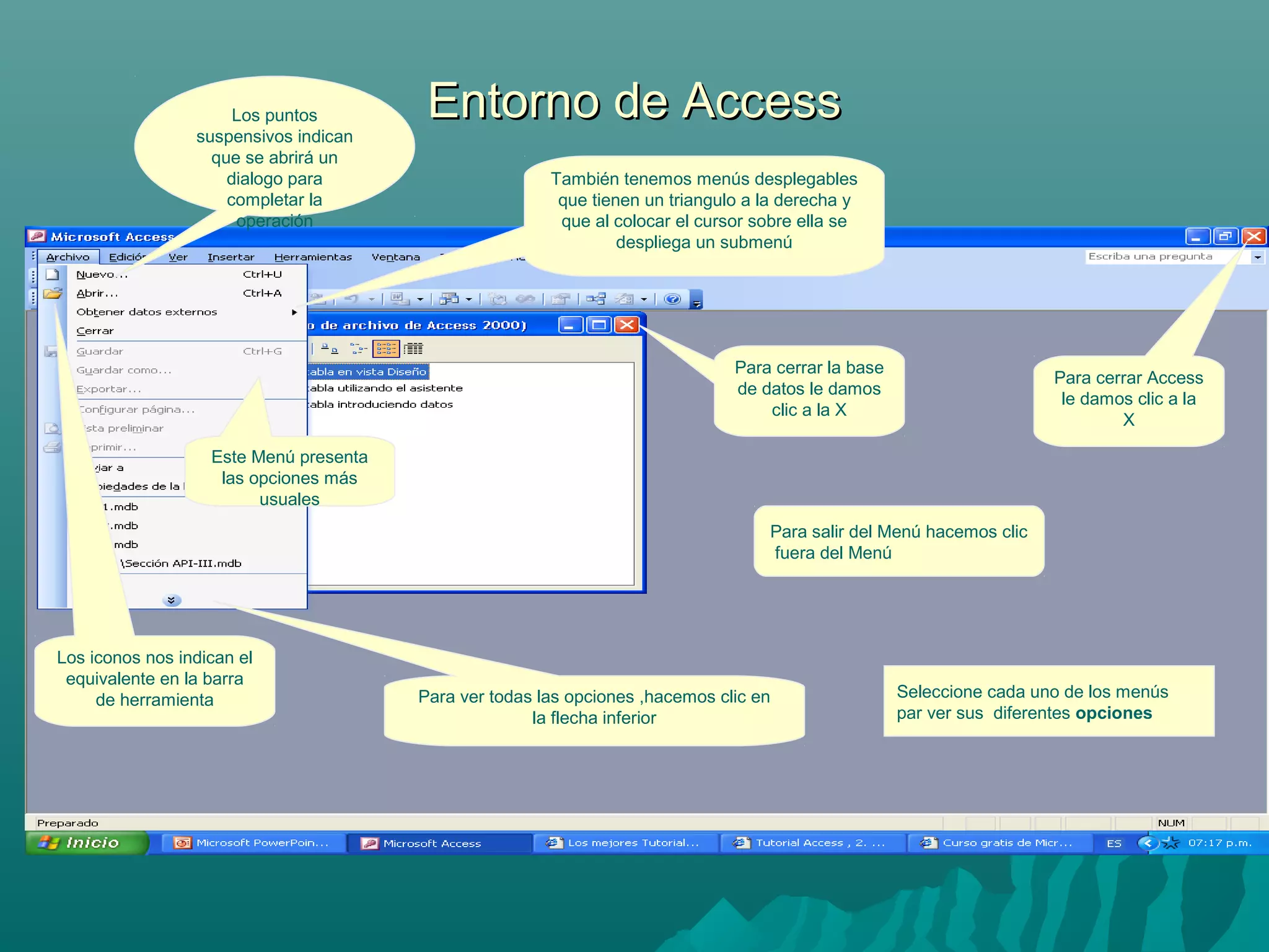 Los puntos
suspensivos indican
que se abrirá un
dialogo para
completar la
operación

Entorno de Access
También tenemos menús desplegables
que tienen un triangulo a la derecha y
que al colocar el cursor sobre ella se
despliega un submenú

Para cerrar la base
de datos le damos
clic a la X

Para cerrar Access
le damos clic a la
X

Este Menú presenta
las opciones más
usuales
Para salir del Menú hacemos clic
fuera del Menú

Los iconos nos indican el
equivalente en la barra
de herramienta

Para ver todas las opciones ,hacemos clic en
la flecha inferior

Seleccione cada uno de los menús
par ver sus diferentes opciones

 