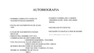 AUTOBIOGRAFIA
• NOMBRE COMPLETO YANIELYS
NAZARETH ROJAS GRISMON.
• FECHA DE NACIMIENTO 02 DE JULIO
1999
• LUGAR DE NACIMIENTO CIUDAD
BOLÍVAR
• PADRES YASMIRA DEL CARMEN
GRISMON GUIPE, NOEL EDUARDO
ROJAS
• BACHILLER EN CIENCIAS
• RELIGIÓN EVANGÉLICA POR MI MADRE
• PASATIEMPOS ESCUCHAR
MÚSICA,HACER DEPORTE.
• ORIGEN DEL NOMBRE FUE UNA
COMBINACIÓN DE MIS PADRES POR
• DEPORTES KIKIMBOL, VOLEIBOL
UNA TIA LO CUAL ELLOS APRECIAN Y
• DIRECCIÓN DE HABITACIÓN. URB EL
QUIEREN MUCHO COMO SU SEGUNDA
PERÚ SECTOR 3 VEREDA 25 CASA
MADRE EL NOMBRE DE MI TÍA ES
NRO 2
 