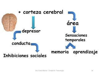 + corteza cerebral
área
Sensaciones
temporales
depresor
aprendizaje
conducta
Inhibiciones sociales
memoria
Dra. Estela Martin - Unidad III - Toxicología 34
 