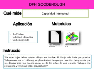 DFH GOODENOUGH
Capacidad Intelectual
• 3 a 13 años
• Individual y Colectiva
• Sin tiempo limite
“En estas hojas deben ustedes dibujar un hombre. El dibujo más lindo que puedan.
Trabajen con mucho cuidado y empleen todo el tiempo que necesiten. Me gustaría que
sus dibujos sean tan buenos como los de los niños de otra escuela. Trabajen con
entusiasmo y verán que lindos dibujos hacen”
HOJA TIPO CARTA
BOND 20
LÁPIZ DE GRAFITO
N° 2
 
