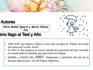Silvia Mabel Querol y María Chávez
Paz
• 1924, H.M. Fay elabora y aplica un test cuya consigna es “Dibuje una mujer
que pasea por la calle, llueve”.
• En 1947, A. Rey propuso un nuevo método de evaluación del test, teniendo
en cuenta todos los detalles que aparecían en el dibujo.
• QUEROL y CHAVES PAZ (1997): “Adaptación y aplicación del test de la
persona bajo la lluvia”. Ed. JVE Psiqué. Argentina.
 