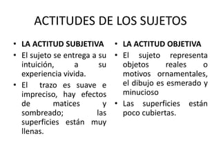 ACTITUDES DE LOS SUJETOS
• LA ACTITUD SUBJETIVA
• El sujeto se entrega a su
intuición, a su
experiencia vivida.
• El trazo es suave e
impreciso, hay efectos
de matices y
sombreado; las
superficies están muy
llenas.
• LA ACTITUD OBJETIVA
• El sujeto representa
objetos reales o
motivos ornamentales,
el dibujo es esmerado y
minucioso
• Las superficies están
poco cubiertas.
 