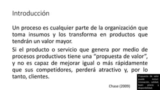 Introducción
Un proceso es cualquier parte de la organización que
toma insumos y los transforma en productos que
tendrán un valor mayor.
Si el producto o servicio que genera por medio de
procesos productivos tiene una “propuesta de valor”,
y no es capaz de mejorar igual o más rápidamente
que sus competidores, perderá atractivo y, por lo
tanto, clientes. Propuesta de valor
puede incluir:
innovación, calidad,
buen precio y
disponibilidad.
Chase (2009)
 