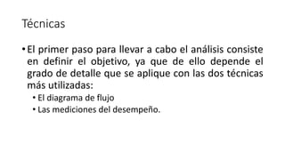 Técnicas
•El primer paso para llevar a cabo el análisis consiste
en definir el objetivo, ya que de ello depende el
grado de detalle que se aplique con las dos técnicas
más utilizadas:
• El diagrama de flujo
• Las mediciones del desempeño.
 