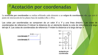 Acotación por coordenadas
.
La acotación por coordenadas se realiza refiriendo cada elemento a un origen de coordenadas «0», que será el
punto de intersección de los planos base de medida («X» e «Y»).
Las cotas por coordenadas se componen de un valor X o Y y una línea directriz. Las cotas de
coordenadas de referencia X indican la distancia de un elemento desde la cota de referencia a lo largo
del eje X. Las cotas de coordenadas de referencia Y miden la distancia a lo largo del eje Y.
 