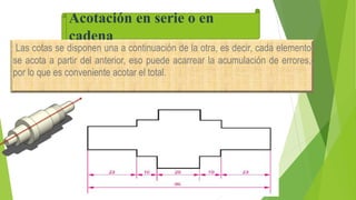 Acotación en serie o en
cadena
Las cotas se disponen una a continuación de la otra, es decir, cada elemento
se acota a partir del anterior, eso puede acarrear la acumulación de errores,
por lo que es conveniente acotar el total.
 