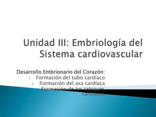 Desarrollo Embrionario del Corazón:
    1. Formación del tubo cardíaco
      2. Formación del asa cardíaca
       3. Formación de los tabiques
                          cardíacos
 