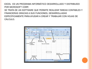 EXCEL ES UN PROGRAMA INFORMÁTICO DESARROLLADO Y DISTRIBUIDO
POR MICROSOFT CORP.
SE TRATA DE UN SOFTWARE QUE PERMITE REALIZAR TAREAS CONTABLES Y
FINANCIERAS GRACIAS A SUS FUNCIONES, DESARROLLADAS
ESPECÍFICAMENTE PARA AYUDAR A CREAR Y TRABAJAR CON HOJAS DE
CÁLCULO.
 
