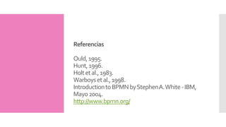 Simbología de 
BMPN 
Business Process Modeling Notation (BPMN) es una 
notación gráfica que describe la lógica de los pasos de 
un proceso de negocio. 
El estándar fue desarrollado por la Business Process 
Management Initiative (BPMI), el cual provee una 
notación fácilmente legible por los participantes para 
coordinar la secuencia de los procesos y los mensajes 
que fluyen entre los participantes de las diferentes 
actividades [White S., 2004, OMG, 2006]. 
La simbología de BMPN permite crear modelos de 
procesos para finalidades de documentación y 
comunicación. 
 